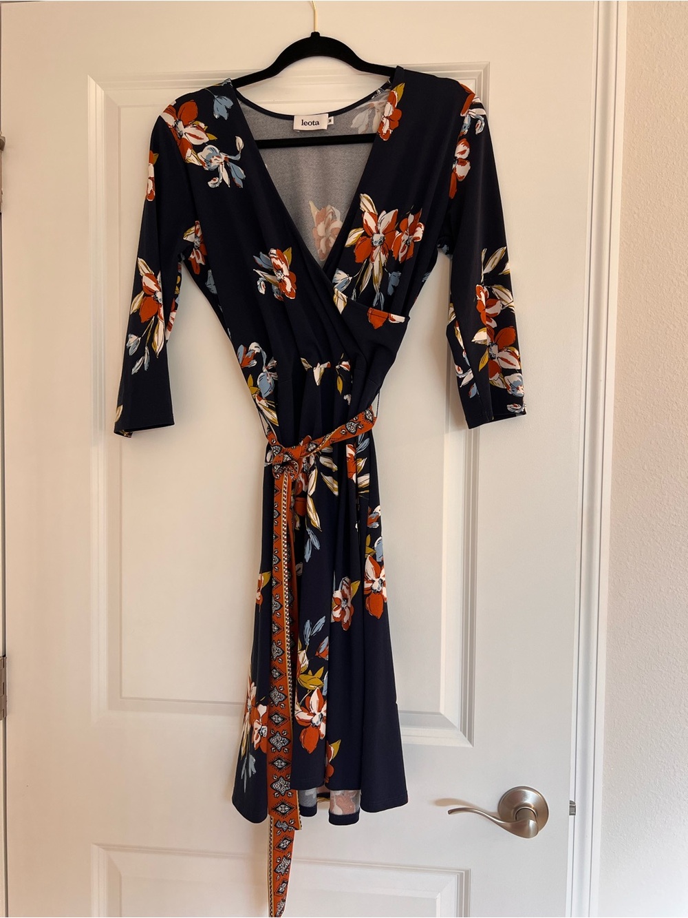 Leota Navy Floral Faux Wrap Dress Orange Sash - 3/4 Sleeve - Size Medium